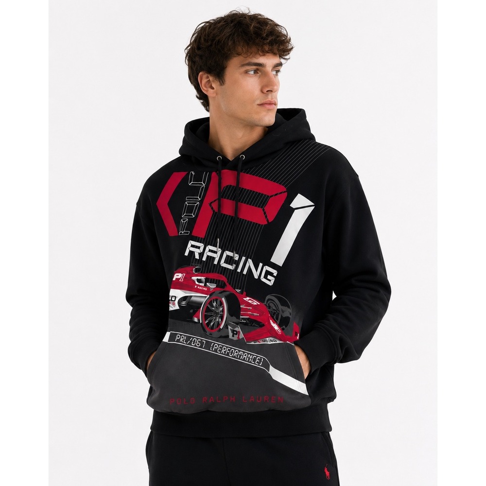 Polo Ralph Lauren Mens P1 Racing Performance Hoodie Black Graphic Sweatshirt New